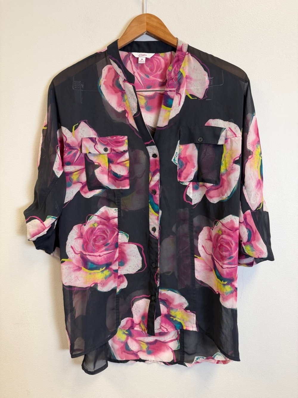 Candie's Pink and Black Floral Sheer Blouse